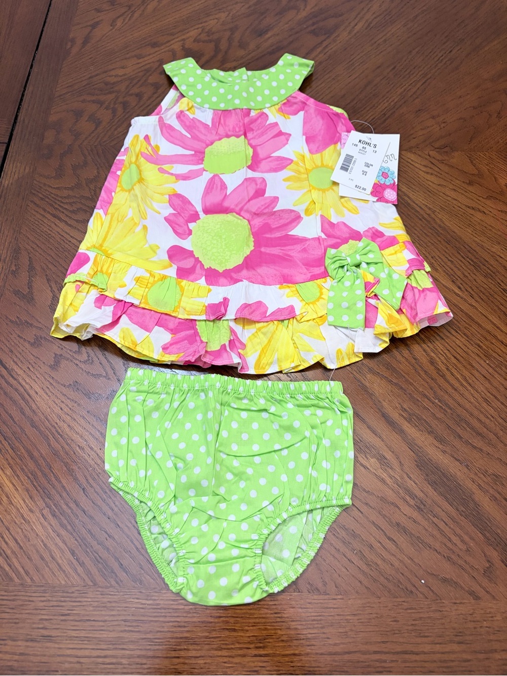 Kohl's Pink, Yellow & Lime Floral Dress with Lime Polka Dot Bloomers